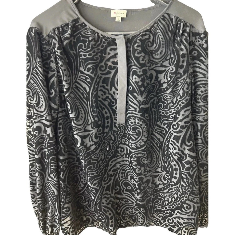 Women's Black Velvet Burnout Sheer Blouse L Hidden Button Whimsigoth